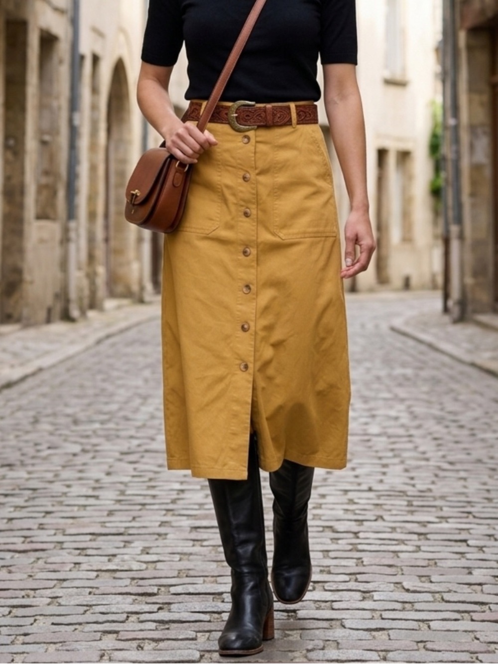 NWT FRNCH Paris Pinar High Waist Button Front A Line Mustard Midi Skirt L W31